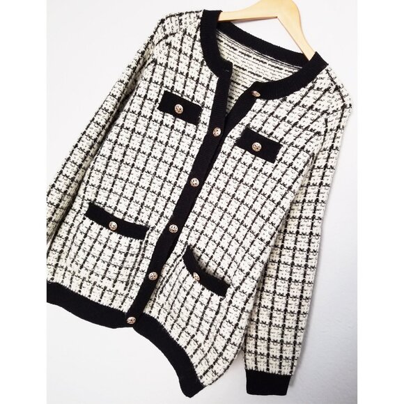 Oversized Tweed Textured Knit Cardigan Jacket Sweater OS Chunky Knit Pockets - Picture 13 of 16